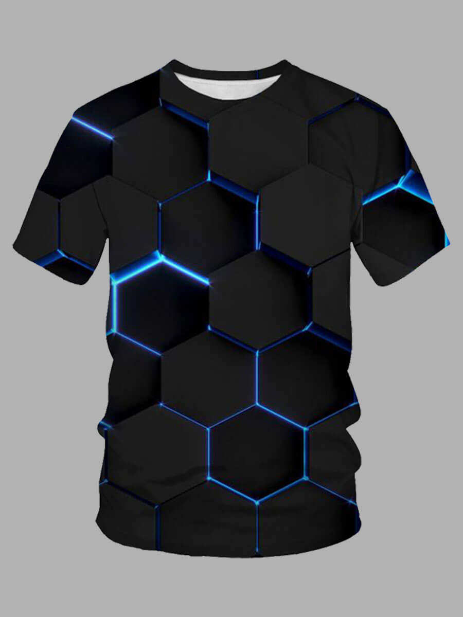 LW Men Casual O Neck Geometric Print Black T-shirt