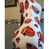 Lovely Casual Lip Print White Plus Size One-piece 