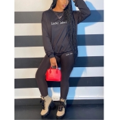 Lovely Casual O Neck Letter Print Carbon Black Two