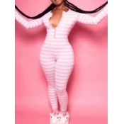 Lovely Trendy Striped Zipper Design Pink One-piece