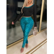 Lovely Sweet Fish Tail Print Skinny Blue Two Piece