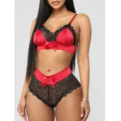 LW SXY Bow-tie Decoration Patchwork Red Bra Sets