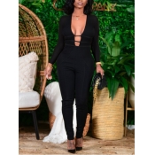 Lovely Chic U Neck Hollow-out Black One-piece Jump