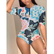 Lovely Bohemian O Neck Print Blue One-piece Swimsu