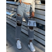 Lovely Casual High-waisted Broken Holes Baby Blue 