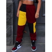Lovely Street Color-lump Patchwork Wine Red Pants