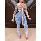 Lovely Sexy O Neck Print Hollow-out Blue Two Piece