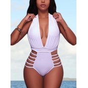 Lovely Casual Deep V Neck Hollow-out White One-pie