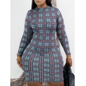 Lovely Sweet O Neck Plaid Print Blue Knee Length D