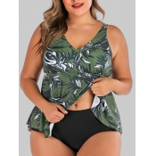 Lovely Sweet V Neck Floral Print Green Plus Size T