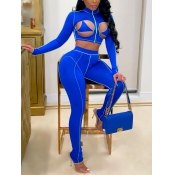 Lovely Sexy Turtleneck Hollow-out Patchwork Blue T
