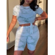 Lovely Casual O Neck Tie-dye Print Green Two-piece