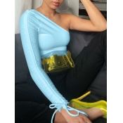 Lovely Street One Shoulder Drawstring Blue T-shirt