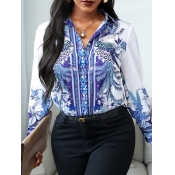 Lovely Vintage Shirt Collar Print Blue Blouse