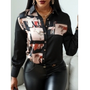 Lovely Casual Turndown Collar Print Patchwork Blac