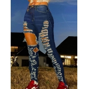 Lovely Casual High-waisted Ripped Blue Jeans