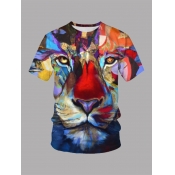 LW Men Casual Tiger Print Patchwork Multicolor T-s