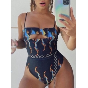 LW Chic Fire Print Hollow-out Black One-piece Swim