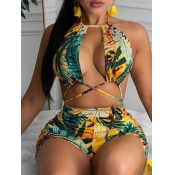 Lovely Stylish Backless Leaf Print Hollow-out Yell