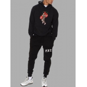 Lovely Men Casual Hooded Collar Letter Print Black