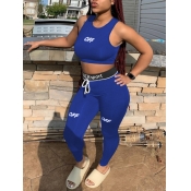 LW Sportswear Letter Print Drawstring Blue Yoga Tw