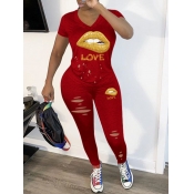 Lovely Casual V Neck Lip Print Red Two Piece Pants