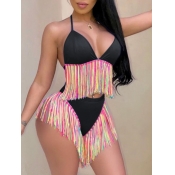 Lovely Trendy Bandage Tassel Design Patchwork Blac
