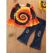 Lovely Girl Casual Floral Print Orange Two Piece P