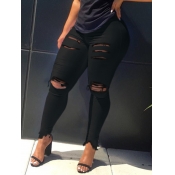 LW High Stretchy Broken Holes Black Jeans