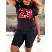 Lovely Casual O Neck Letter Print Black Two Piece 