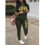 LW Casual O Neck Letter Print Green Two Piece Pant