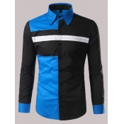 Lovely Men Trendy Color-lump Patchwork Blue Shirt