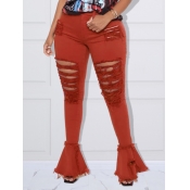 Lovely Plus Size Casual Mid Waist Broken Holes Fla