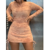 Lovely Casual O Neck Tie-dye Drawstring Apricot Mi