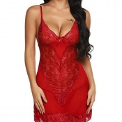 Lovely Sexy V Neck Patchwork Red Babydoll