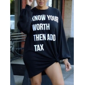 LW Casual O Neck Letter Print Loose Black Knee Len