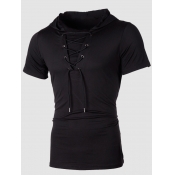 Lovely Men Casual Hooded Collar Drawstring Black T