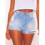 Lovely Casual High-waisted Broken Holes Baby Blue 
