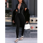 Lovely Trendy Striped Zipper Design Black One-piec