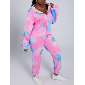 Lovely Plus Size Stylish Hooded Collar Tie-dye Pur