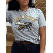 Lovely Casual Bee Letter Print Grey T-shirt