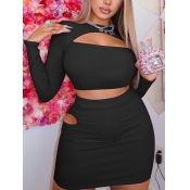 Lovely Casual O Neck Hollow-out Black Two Piece Sk