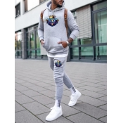 Lovely Men Casual Hooded Collar Print Baby Blue Ho