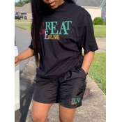 Lovely Casual O Neck Letter Print Black Two Piece 