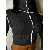 LW Trendy Turtleneck Striped Black T-shirt