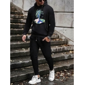Lovely Casual Hooded Collar Print Black Men Two Pi