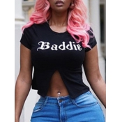 LW Casual O Neck Letter Print Split Black T-shirt