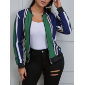 Lovely Casual Striped Print Patchwork Green Jacket