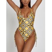 LW Sweet Backless Print Bandage Design Yellow One-