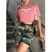 Lovely Casual Letter Camo Print Pink Two Piece Sho